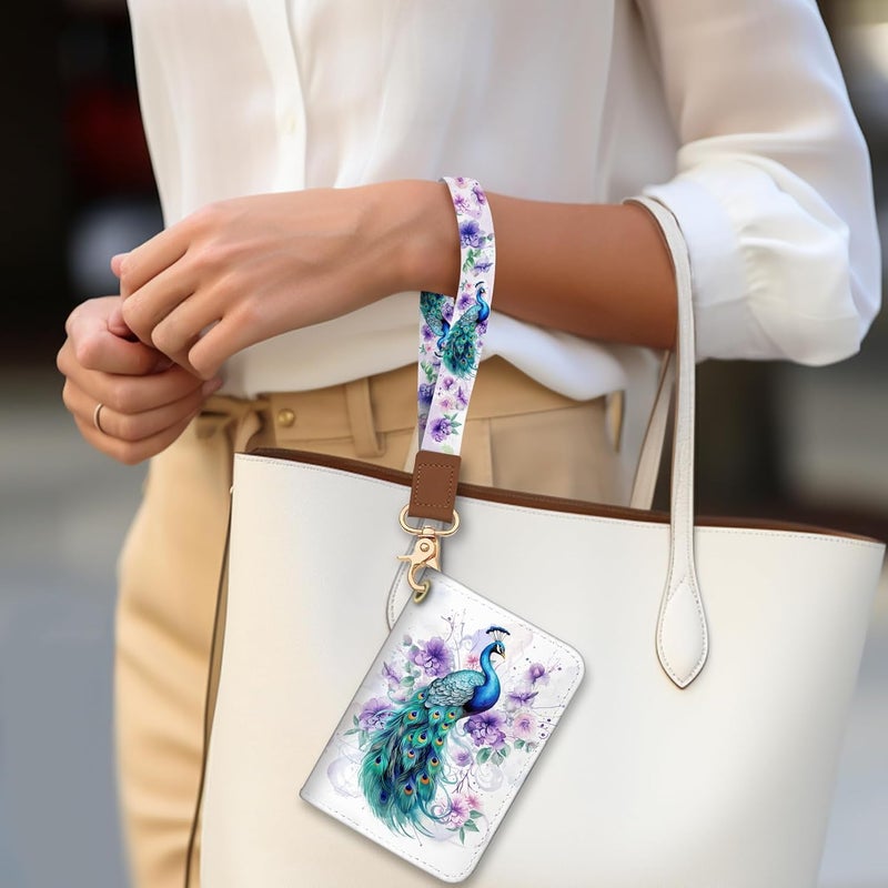 Blusabaca Credit Card Holder for Women, Peacock Small RFID Blocking Wallet with Wristlet Strap, Keychain Wristlet Zipper Women Wallet, Leather Card Case, Accordion Card Wallet Purse with Key Lanyard - Image 3